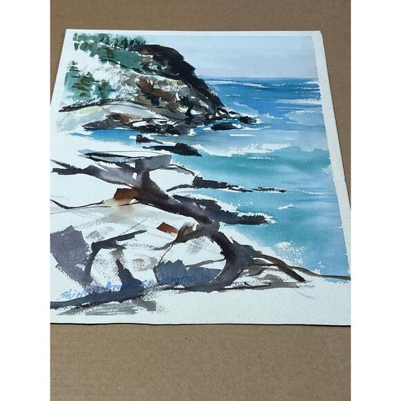 Beautiful Vintage Water Color Painting art. Cliffs,Water, Woods. Nature. signed - Picture 2 of 9